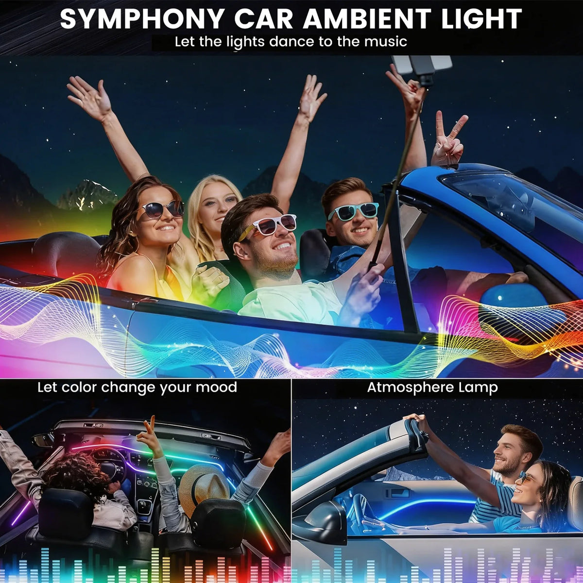 Acrylic Interior Car LED Lights with Remote and Wireless APP 6/10/14/18 in 1, Ambient Lighting Kits Fiber Optic Strip LEDs,16 Million Colors Music&DIY Function