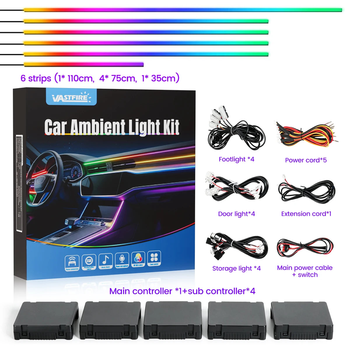 Acrylic Interior Car LED Lights with Remote and Wireless APP 6/10/14/18 in 1, Ambient Lighting Kits Fiber Optic Strip LEDs,16 Million Colors Music&DIY Function