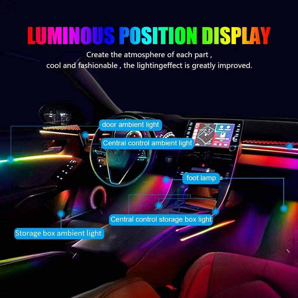 Acrylic Interior Car LED Lights with Remote and Wireless APP 6/10/14/18 in 1, Ambient Lighting Kits Fiber Optic Strip LEDs,16 Million Colors Music&DIY Function