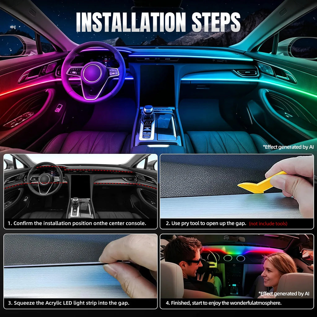 Acrylic Interior Car LED Lights with Remote and Wireless APP 6/10/14/18 in 1, Ambient Lighting Kits Fiber Optic Strip LEDs,16 Million Colors Music&DIY Function
