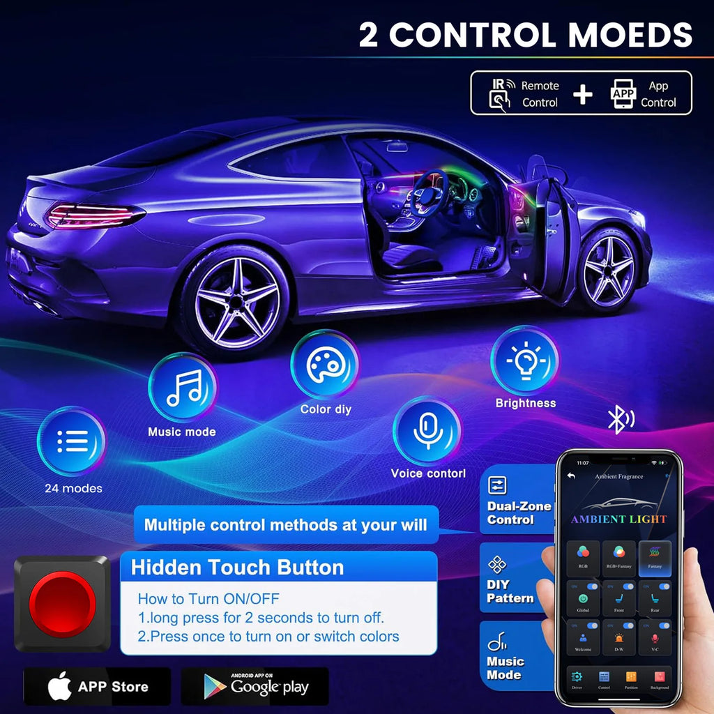 Acrylic Interior Car LED Lights with Remote and Wireless APP 6/10/14/18 in 1, Ambient Lighting Kits Fiber Optic Strip LEDs,16 Million Colors Music&DIY Function