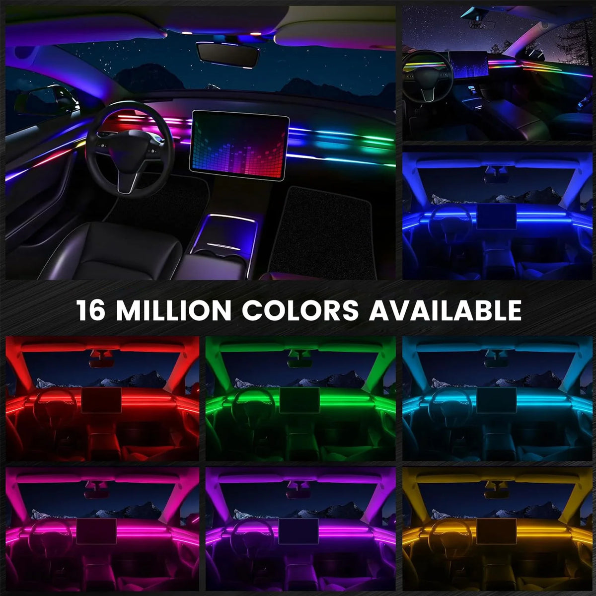Acrylic Interior Car LED Lights with Remote and Wireless APP 6/10/14/18 in 1, Ambient Lighting Kits Fiber Optic Strip LEDs,16 Million Colors Music&DIY Function